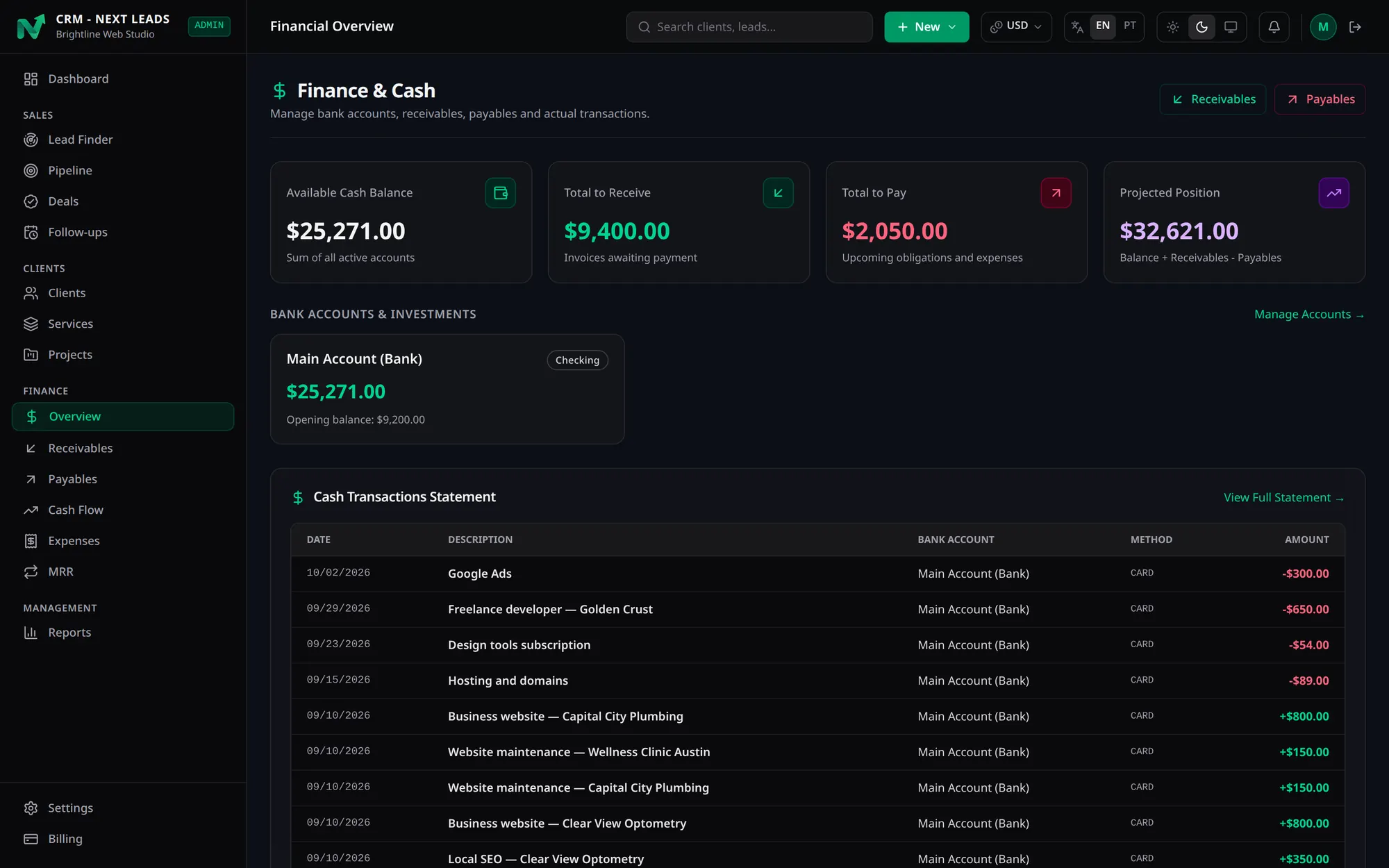 Finance overview with cash balance, receivables, payables, projected position and the transactions statement