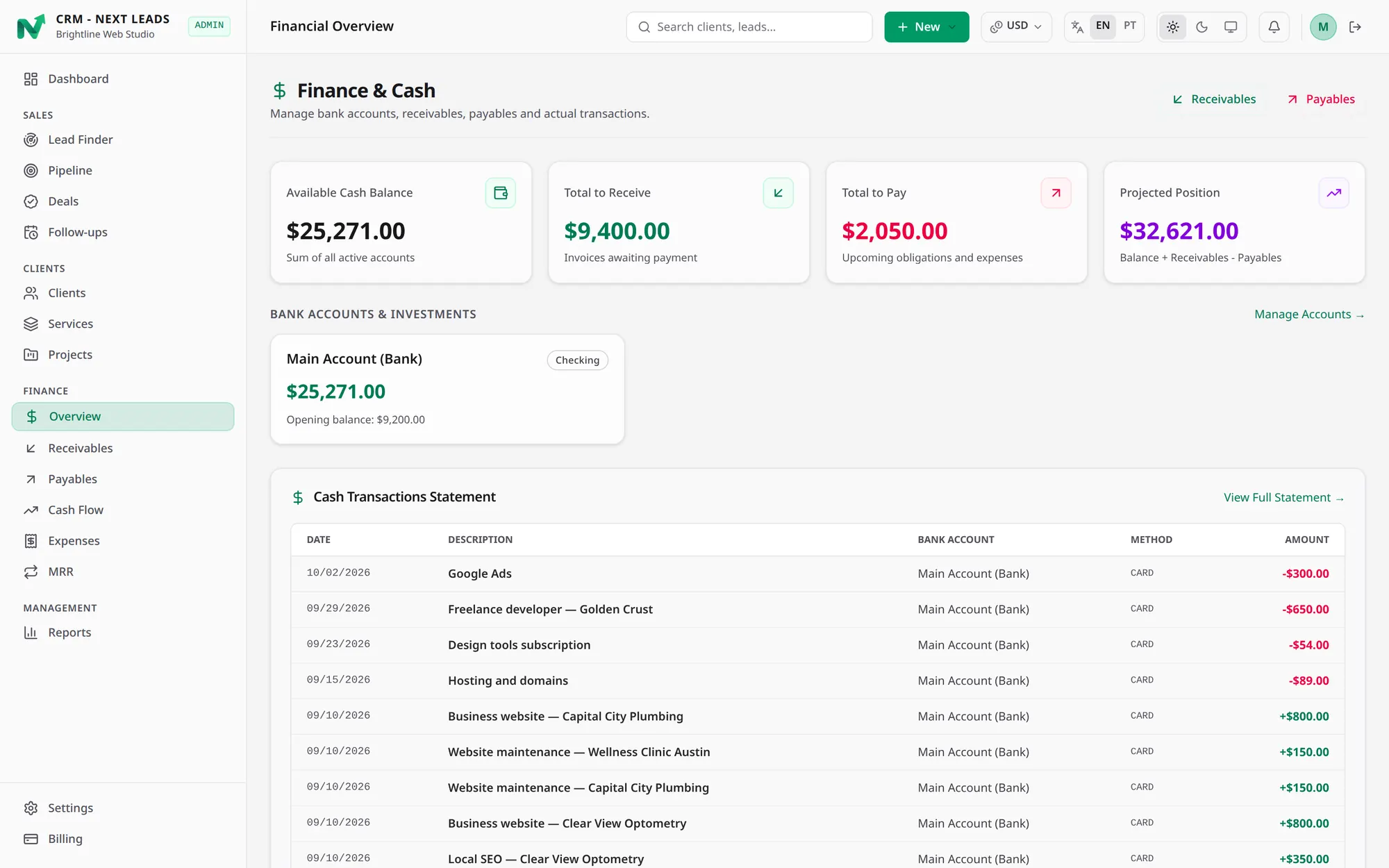 Finance overview with cash balance, receivables, payables, projected position and the transactions statement